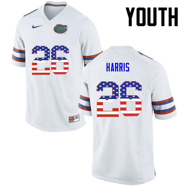 Youth Florida Gators #26 Marcell Harris College Football USA Flag Fashion Jerseys-White - Click Image to Close